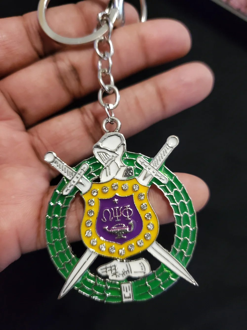 Fraternity Shield & Swords Omega Keyring in Green, Purple and Gold